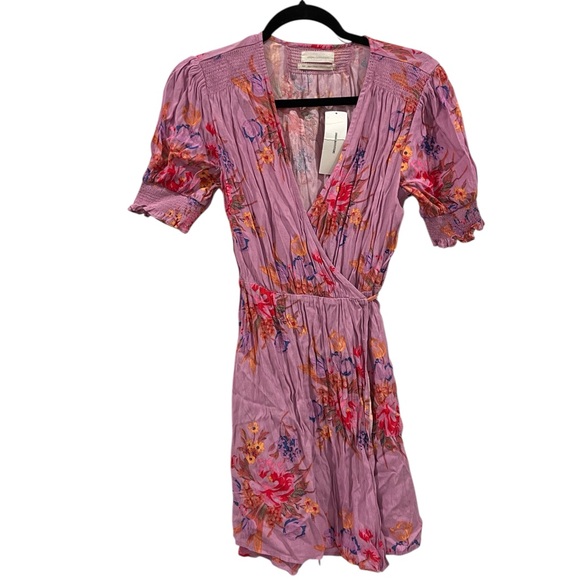 NWT! UO Anna Crepe Purple Floral Wrap Mini Dress - Picture 2 of 6